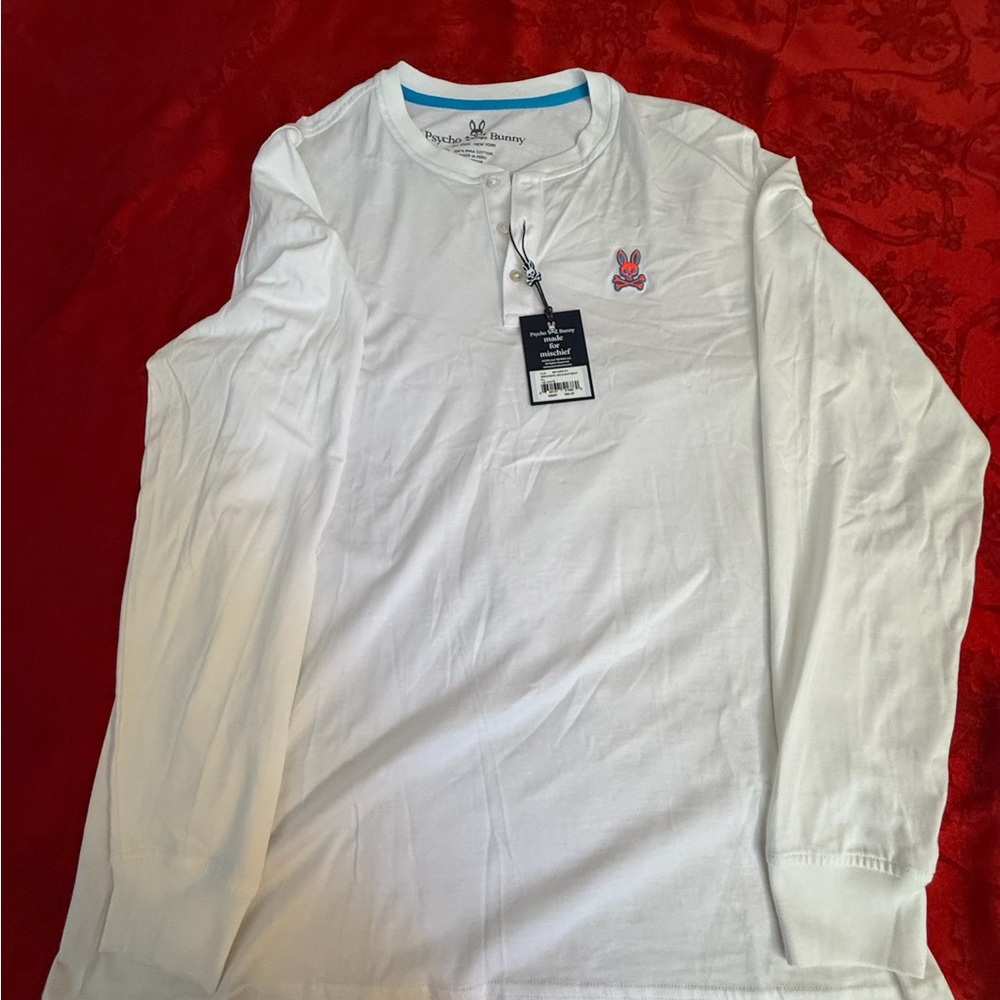 Psycho Bunny White Long Sleeve Henley with Pink Bunny Patch